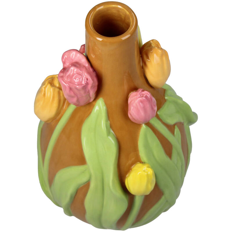 Slenders - Vaas Tulpen Bruin/Groen met Tulpen Roze/Geel H22