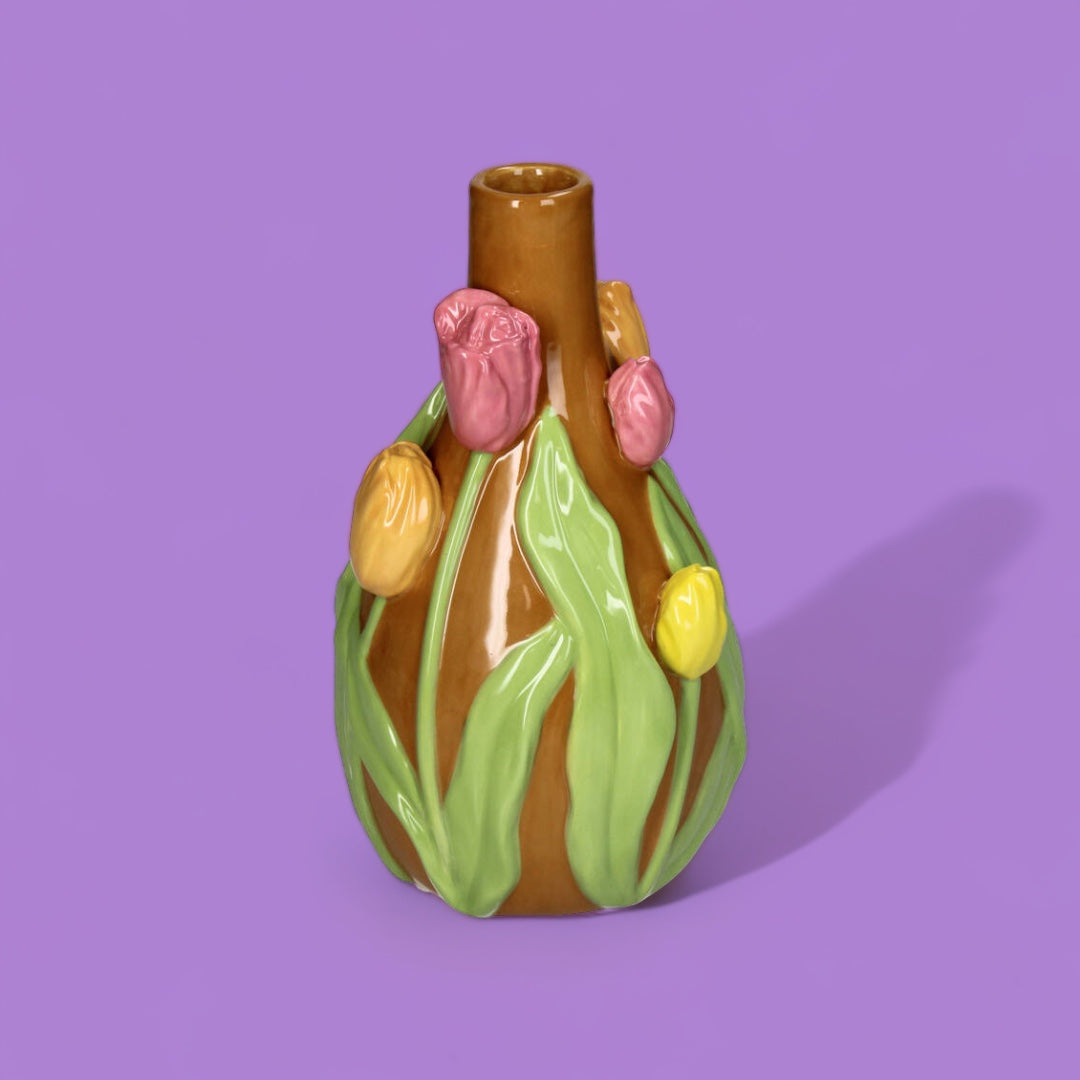 Slenders - Vaas Tulpen Bruin/Groen met Tulpen Roze/Geel H22