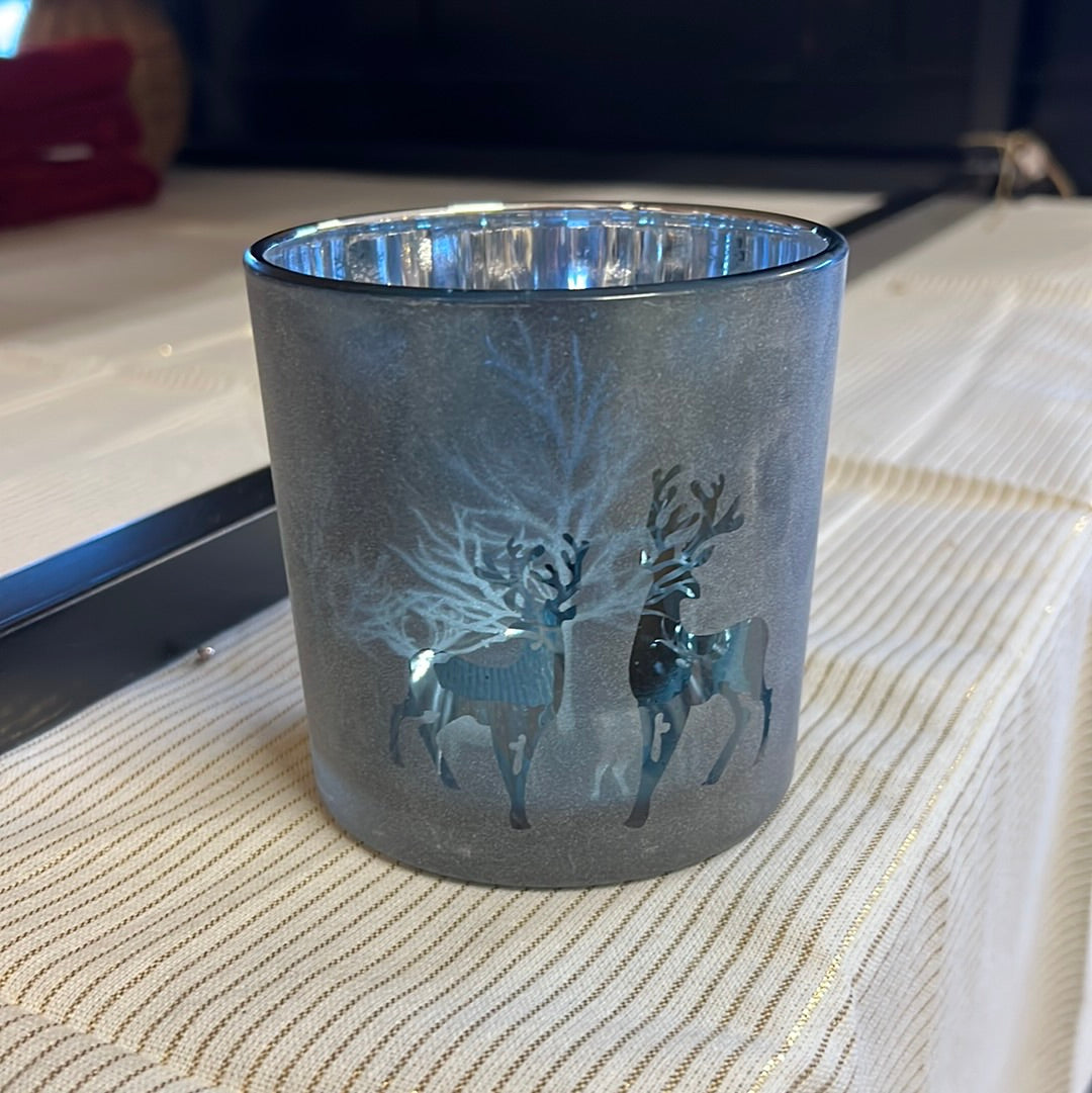 Waxinelichthouder rendier en bos blauw/zilver 10 cm