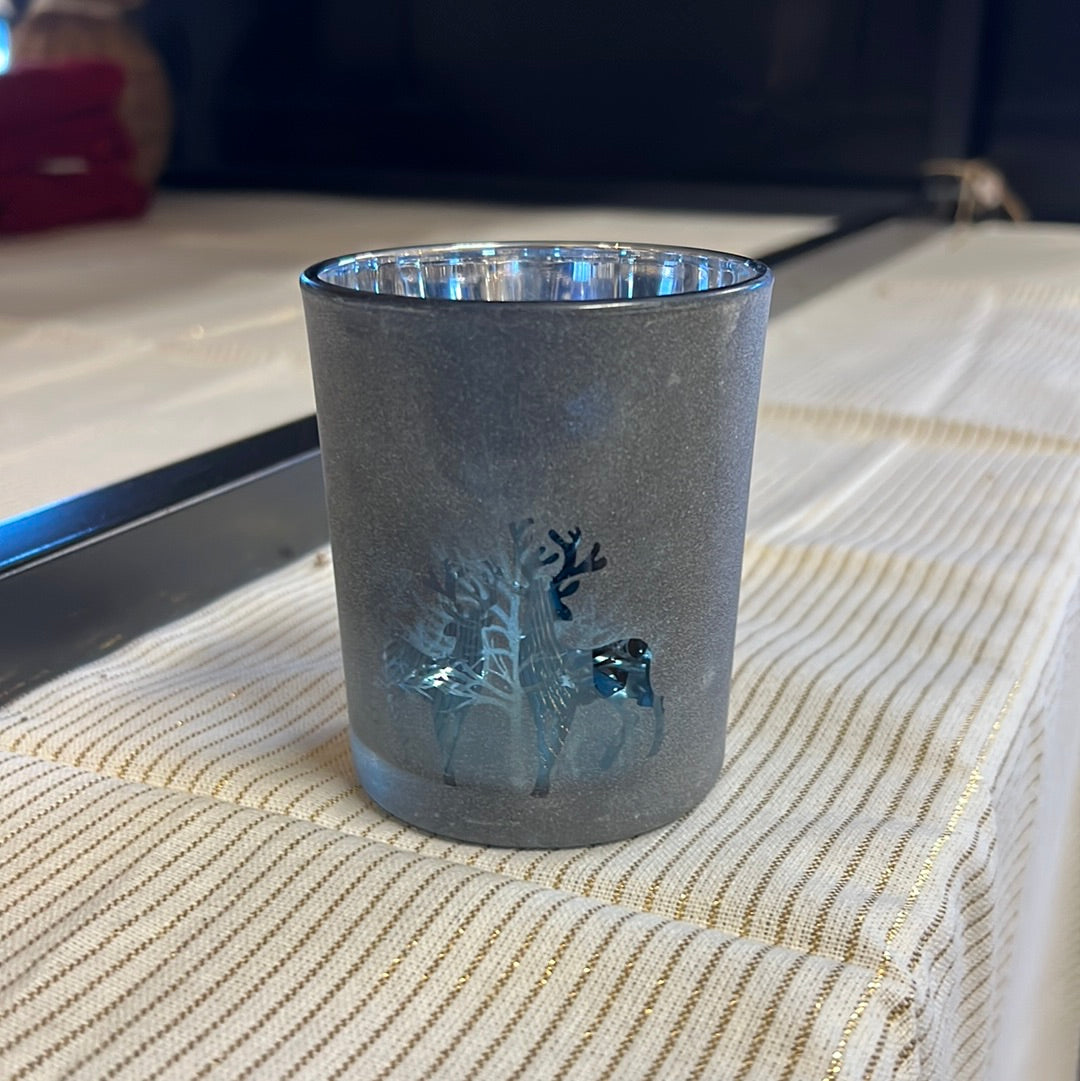 Waxinelichthouder rendier en bos blauw/zilver 8 cm