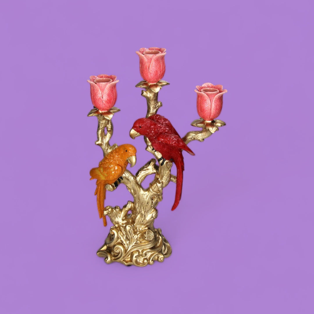 Slenders - Kandelaar Papegaai Multi met Tulpen Roze H38 cm