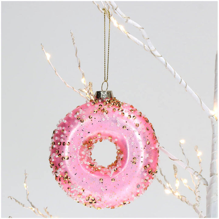 Kerstornament grote donut roze 9 cm